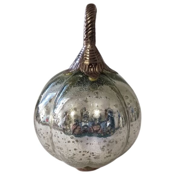 Mercury Glass Pumpkin Gourd Silvery Glass Encased Silver Metal Stem Autumn Fall. - Picture 8 of 16